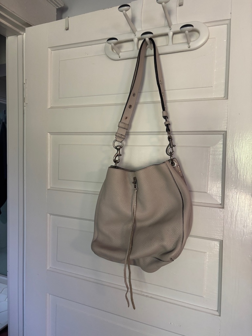 Leather Hobo Shoulder Studded Bag in Light Grey